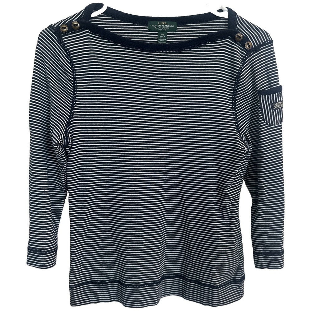 Lauren Ralph Lauren Women's Striped Tee Size Petite Medium 3/4 Sleeves Cotton